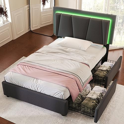 Polsterbett 90x200, LED Einzelbett mit 2 Schubladen und Höhenverstellbarem Kopfteil, Bett Jugendbett Stauraumbett Funktionsbett Rückenlehne Bettgestell mit Holz Lattenrost, Leinen, Ohne Matratze, Grau