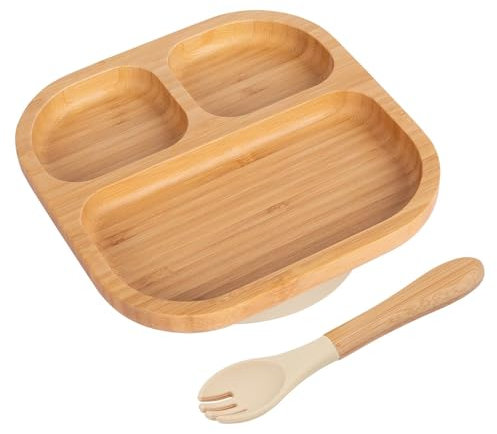 2pc Beige Segmenté Ensemble Assiette et Fourchette de Sevrage pour Bébé en Bambou - Bois Divisé Enfants Nourriture Alimentation Plateau - Silicone Ventouse - Par Tiny Dining