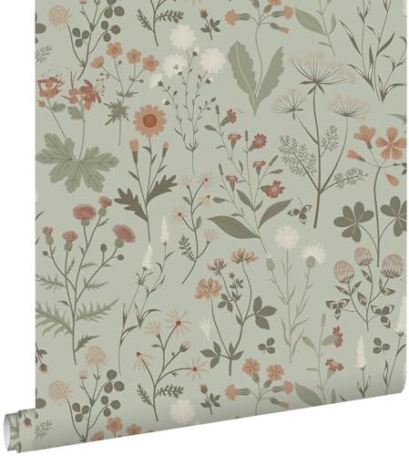 papier peint fleurs des champs vert menthe grisé 0,53 x 10,05 m - ESTAhome
