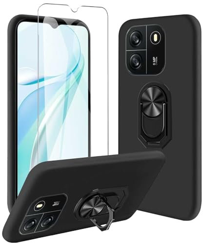 JDXHFF Coque Compatible avec Blackview Wave 6C (6.5) Noir Housse et Support Rotatif 360° et Verre trempé écran Film Protecteur - Étui Souple Silicone TPU Case Cover Black