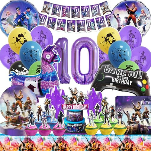 HTTMTTS Fortnit Geburtstagsdeko 10 Jahre, Diverse Luftballon, Kindergeburtstag Jungen Party Deko Set, Hübsch Tischdeko Tortendeko (Ballon 10 Jahre)