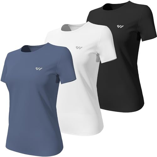 Wulibike Women's Running Tops Breathable Soft - Quick-Dry UV Protection Gym T-Shirts - Reflective Sports Tops for Women UK - 3 or 5 Pack Black-White-Grey Blue XS