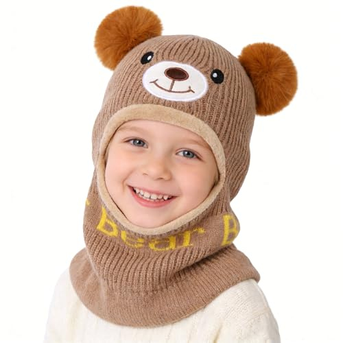 AYPOW Kinder Schlupfmütze Mädchen Jungen, Warme Schalmützen Wintermütze Fleece Gefüttert Niedlich Winddicht Strickmütze mit Bommel Beanie Mütze Loop Schal Kindermütze