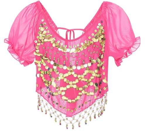 Women's Belly Dance Top, Puff Sleeve Chiffon Sequin Dance Crop Top Shirts, Glitter Coins Tassels Blouse for Festival Clubbing Wear, Self-tie Back Tribal Crop Top for Belly Dance Performance Outfit