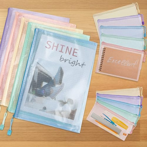 TAOPE 15 Pcs Dokumententasche mit Reißverschluss A4 A5 A6, Wasserdichter Dokumentenbeutel, Mesh Plastic Zip Bag für Dokumente, Quittung, Papier, Schule, Prüfungsblatt, Kosmetik, Reise, 5 Farben
