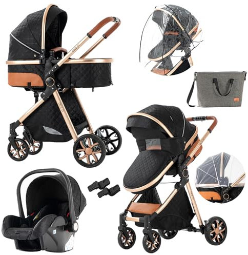 Doraystar Poussette 3 en 1, Poussette Bebe avec Conception Pliable en Un Clic, Poussette Canne avec Poussée Réversible Bidirectionnelle, Poussette Trio avec Grande Nacelle (V9 Black)