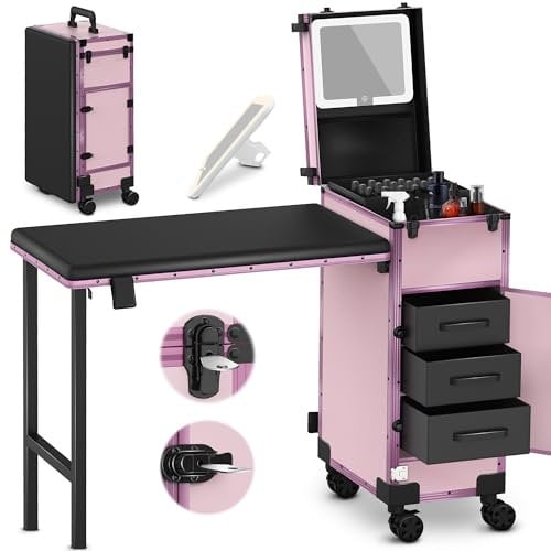 EASYINBEAUTY Rollender tragbarer Maniküretisch mit 3 Schubladen, Spiegel und Nagellack-Organizer, abschließbarer Make-up-Zug mit faltbarem Nagelschreibtisch, Kosmetik-Reisetasche für Workstation