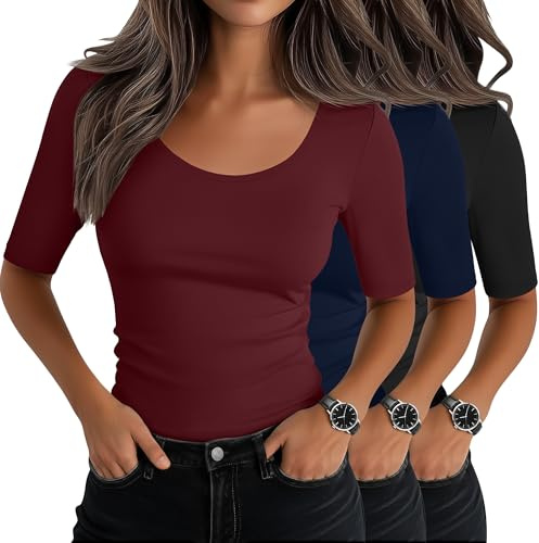 Neer 3 Pack Women's Scoop Neck Half Sleeve Tops | Slim Fit T-Shirts, 1/2 Sleeve Shirts, Tight Casual Tees, Elbow Sleeve, Layer, Cotton Blend, Stretchy, Cover Arms, Daily Wear