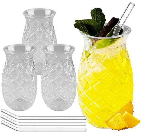 4 Pièces Verres Ananas, Verres à Cocktail Au Design Ananas, Verres à Cocktail Créatifs En Forme D'Ananas, Avec Paille, Résistant à La Chaleur, 480 ML, pour Le Camping En Famille, Les Fêtes d'Été