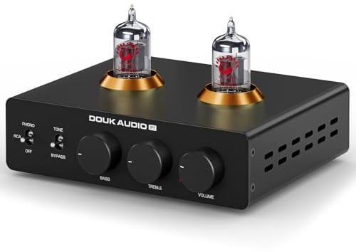 Douk Audio Preamplificatore Phono P7: ECC83 Tube Turntable Preamplificatore con uscita XLR bilanciata, filtro passa-alto, controllo bassi e acuti, bypass per giradischi MM, amplificatore, altoparlante