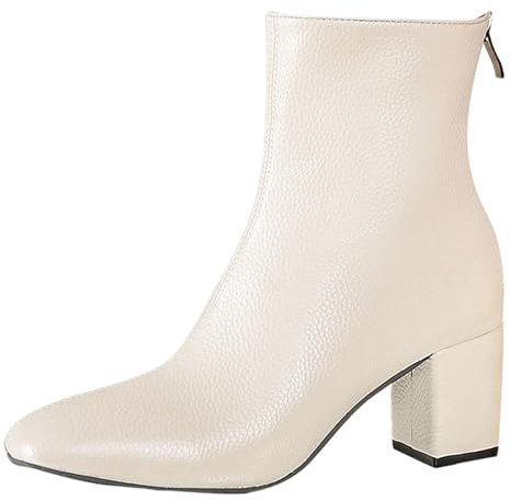 FNKDOR Stivaletti da donna con tacco in ecopelle, gambo largo, cerniera posteriore, stivali corti autunnali, bianco, 37 EU