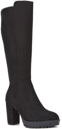 ESSEX GLAM Women's Knee High Boots Ladies Black Block High Heel Platform Elasticated Calf Leg Size 3-8