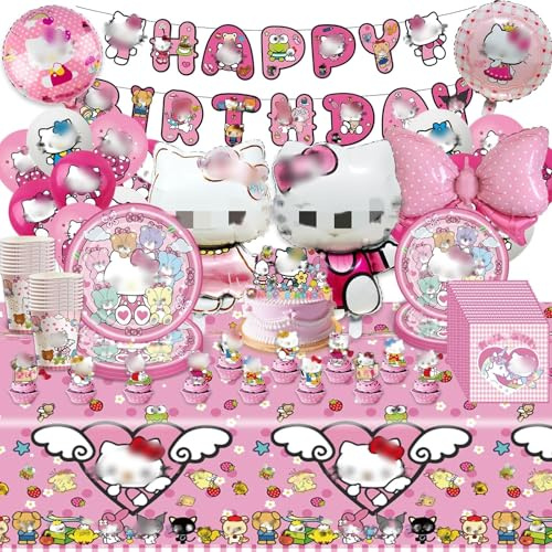 Ki-ty Pappteller Kindergeburtstag Mädchen- Kity Geburtstag Geschirr Set Geburtstagsdeko Partygeschirr Tischdecke Pappteller Tischdecke Birthday Banner Teller Servietten Party Tableware Supplies Deko