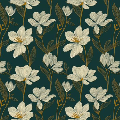 Self Adhesive Wallpaper Floral Green, 44 x 500 cm Peel and Stick Wallpaper Green Gold and White Flower Leaf Botanical Boho Self Adhesive Furniture Wrap for Living Room,Bathroom,Cabinets,Kitchen