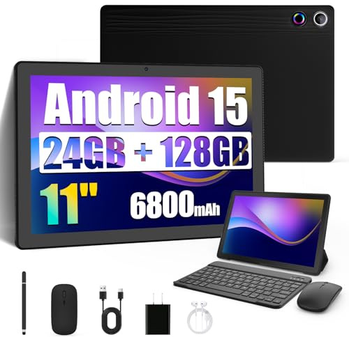 Evermyth Android 15 Tablet 11 Inch, 6800mAh, 24GB RAM+128GB ROM (TF 1TB) with Octa-Core, 1280 * 800P, Widevine L1+OMS, WiFi 6, Bluetooth 5.4, 8 in 1 Tablet with Keyboard, Mouse, Black