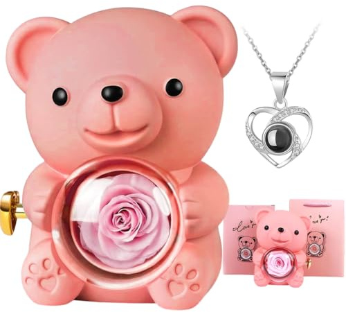 FARYODI Scatola regalo eterna con orso rosa con collana d'amore, in scatola con fiori di rosa in scatola, regalo di compleanno per moglie, fidanzata, moglie, moglie, San Valentino