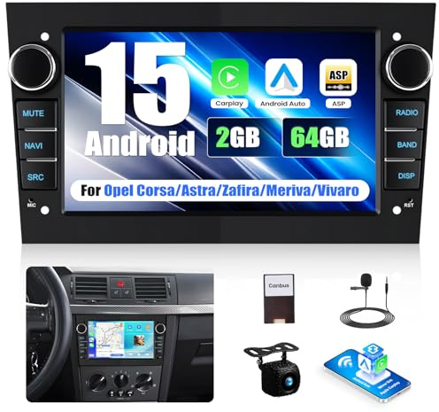 CAMECHO Android 15 2G+64G Carplay Autoradio para Opel Astra H/Zafira B/Corse C D con Navi Carplay Android Auto, Doble DIN Radio con Pantalla de 9.7 Pulgadas con Bluetooth FM/RDS SWC +Canbus