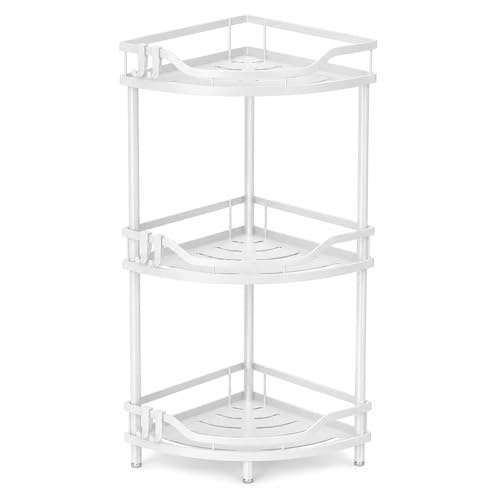 GOOGO Scaffale doccia senza foratura a 3 ripiani, mensola bagno da terra per doccia e lavabo, organizer angolare freestanding in metallo con design drenante (bianco)
