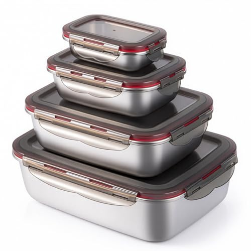 SUNNYNEST Food storage containers with lids, made of 304 stainless steel-4pack stackable metal food storage containers,reusable, suitable for freezers, dishwashers (2900ml/1500ml/600ml/220ml).