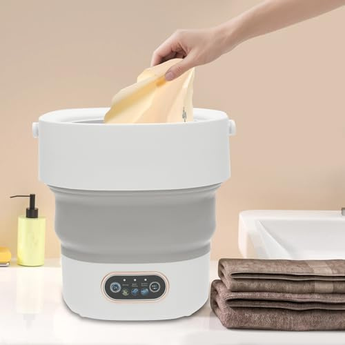 JIDIJINGH Mini Lavadora Plegable 13L, Portátil Pequeña Lavadora con 3 Modos y Escurridor, Ozono y Luz Azul, Para Ropa Interior, Ropa de Bebé, Viaje, Acampamento, Apartamentos, Blanco Ceniza