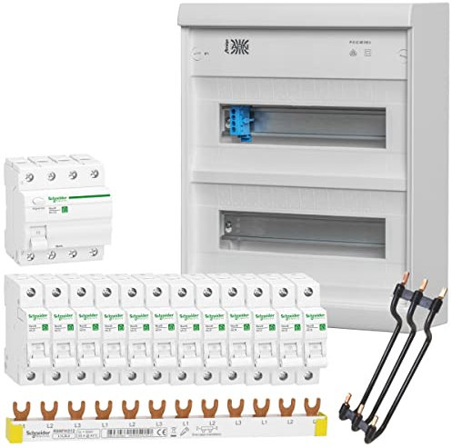 WITTKOWARE Aufputz-Verteilungsset, Kleinverteiler 2-reihig, FI-Schalter 40A/0,03A, 12x LS-Schalter B16A, Phasenschiene, Verdrahtungssatz