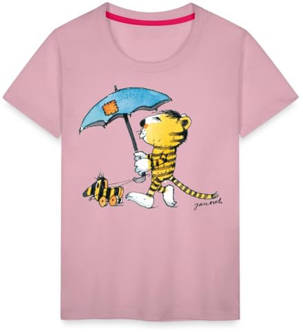 Spreadshirt Janosch Kleiner Tiger Tigerente Mit Schirm Kinder Premium T-Shirt, 110/116 (4 Jahre), Hellrosa