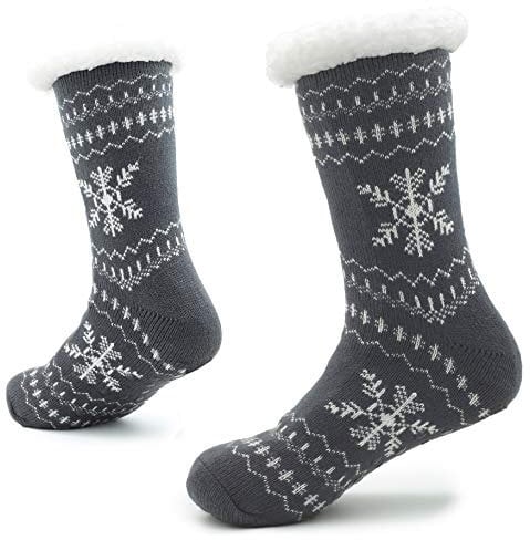 CityComfort Chaussettes tricotées pour Hommes avec des Pantoufles Sherpa Wool Layer Bed pour Homme, modèle norvégien,Flocons de Neige Gris Blanc,41/46 EU