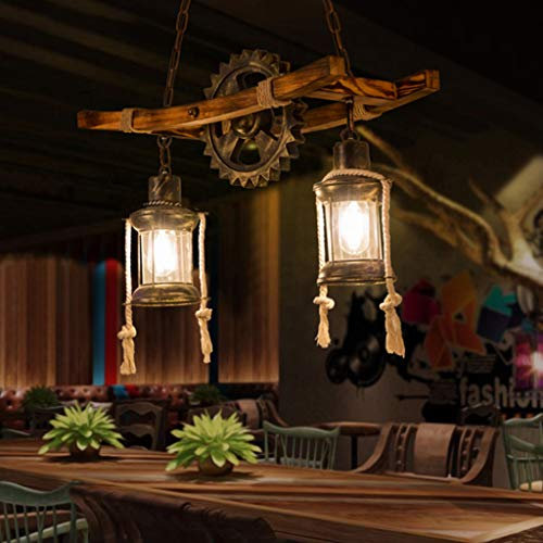 Pendentif Lampe Vintage Industrielle Suspension Métal Lustre Linéaire Style Rétro Rustique Pendentif Lumière Edison Vintage Éclairage Bois 2 Phares Abat-Jour Verre