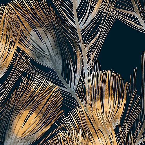wandmotiv24 Fototapete Pfauenfedern gold blau, L 300 x 210 cm - 6 Teile, Wanddeko, Wandbild, Wandtapete, Federn grau türkis M6629