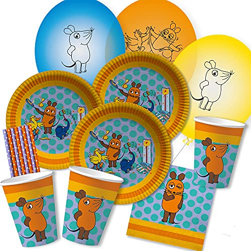 dh-konzept/spielum 52-teiliges Party-Set - Die Maus - Teller Becher Servietten Luftballons Papiertrinkhalme für 8 Kinder