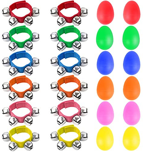 Augshy 24 Stück Shaker Musikinstrumente für Kinder, 12 Stück Eier-Shaker und 12 Stück Handgelenk Handband Glöckchen