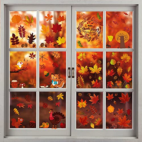 Herbst Fensterbilder,Herbst Blätter Fenster Aufkleber 6 Blatt,mit 123 Pcs Erntedankfest Fensteraufkleber,Thanksgiving Fenster Dekorationen,Aufkleber Abziehbilder Dekorationen