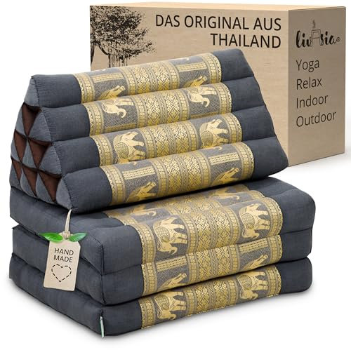 livasia Thaikissen 3 Auflagen Thaiseide - 175x55x8cm - Dreieckskissen mit Klappmatratze, Rückenkissen faltbar, Thaimatte zum Klappen, Kapok handgefertigt, Meditationskissen (Grau/Elefanten Seide)