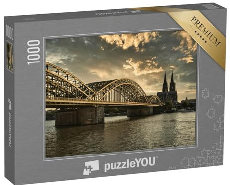 puzzleYOU: Puzzle 1000 Teile „Kölner Dom bei Sonnenuntergang mit Rhein, Nordrhein-Westfalen, Deutschland“ – aus der Puzzle-Kollektion Köln, Rhein, Deutsche Städte, Deutsche Großstädte