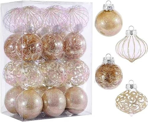 Weihnachtsschmuck-Set, 70 mm, 24 Karat, transparent, champagnerfarben, bruchsichere Weihnachtskugeln mit gefüllten, zarten Dekorationen, bruchsichere Christbaumkugeln für Urlaub, Party, Erntedankfest,