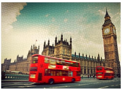 MyPuzzle Red Double Decker Bus in Front of The Big Ben and Westminster Abbey London England - Premium 1000 Piece Jigsaw Puzzle for Adults