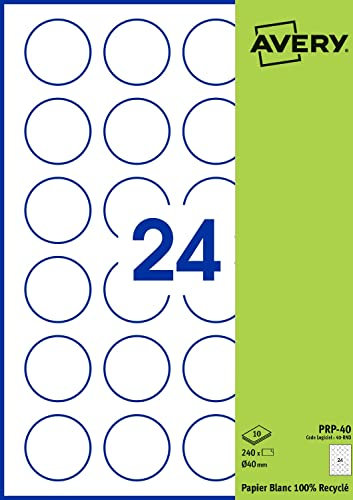 Avery - 240 etichette adesive rotonde, carta bianca riciclata, diametro 40 mm, personalizzabili e stampabili laser, getto d'inchiostro e copiatrice (Prp-40.Fr)