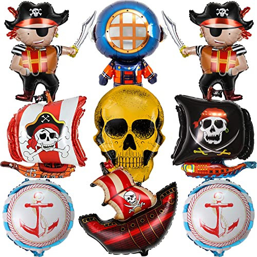 MEZHEN Folienballon Piraten Kindergeburtstag Ballons Pirat Luftballon Folie Deko Geburtstag Ballon Piratenschiff Skelett Geburtstagsdeko Kinder Geburtstagsfeier 9 Stück