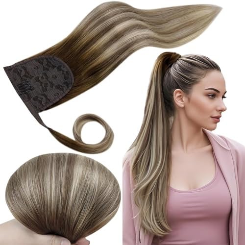 RUNATURE Pferdeschwanz Haarteil Echthaar Balayage Braun Blond Lang Haare 50cm Extensions Echthaar Ponytail Blond Ombre Braun Echte Haarverlängerung Echthaar Zopf Galtt Farbe #3/8/22