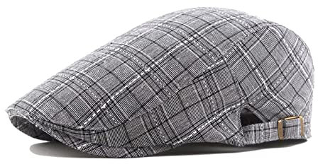 YAMEIZE Vintage Flat Cap Grid for - Men Women Duckbill British Style Newsboy Cotton Beret Hat Men Retro Winter Driving Outdoor Light Grey