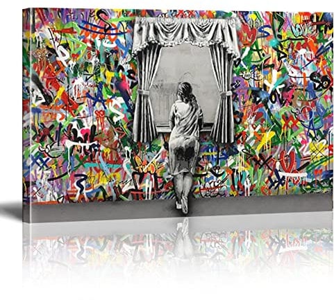 KADING Banksy Graffiti Art Wall Pictures for Living Room Scenes Girl Street Canvas Paintings Wall Art Posters Prints Home Decor 60x84cm(24x33in) With framed