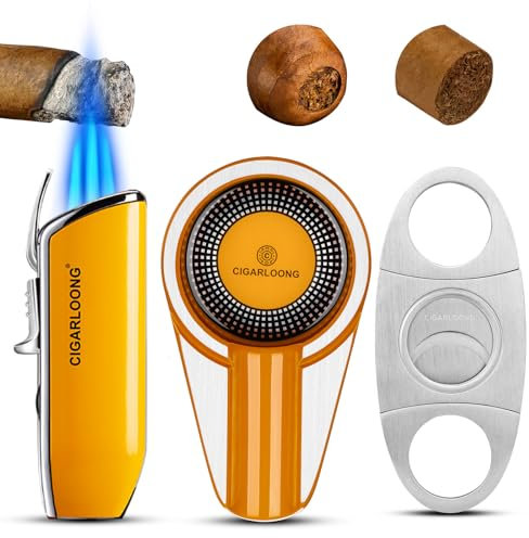 Hancigar Zigarrenschneider und Feuerzeug Aschenbecher 3 Stück Set, Edelstahl Scharfer Zigarrenschneider & Triple Jet Flame Feuerzeug mit Punch & Travel Single Zigarre Aschenbecher (Gelb) Geschenke für