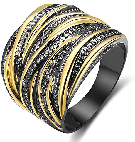 Mytys Anello a fascia larga incrociato intrecciato a 2 tonalità, alla moda, per donne, nero, oro, argento, oro rosa, largo, indice, bigiotteria, Metallo, Nessuna pietra preziosa