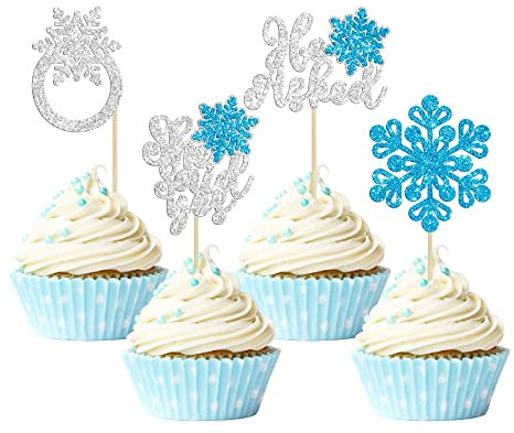 Gyufise 24 Stück He Asked She Said Yes Cupcake-Topper Glitzer Liebe Herz I do Ring Schneeflocken Brautdusche Kuchen Lebensmittel Picks Dekorationen für Hochzeit Verlobung Thema Party Zubehör