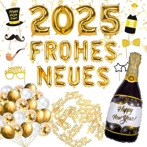 XXL Silvester Deko Set 2025 – XXL “FROHES NEUES” Ballons, Luftballons, Fotorequisiten, Tischdeko zur Neujahrs-Party