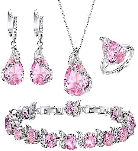 Ever Faith Women's Jewelry Set Pink Jewellery Sparkly Cubic Zirconia Teardrop Necklace Earring Bracelet Ring Sets for Women Birthday Gifts 4 PCS Silver-Tone