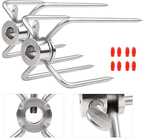 CPROSP 2 pinzas para carne para pincho giratorio, agujas para pincho de barbacoa de acero inoxidable con diámetro de 10 mm con tornillo de bloqueo con funda roja..