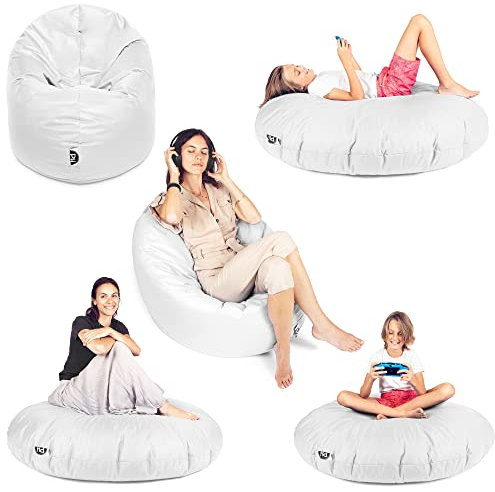 PATCH HOME Sitzsack 2 in 1 Sitzkissen Bodenkissen für Erwachsene & Kinder - Gaming mit Füllung Kissen Sessel BeanBag (Weiß, Ø 155cm)