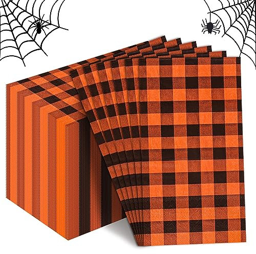 AnyDesign 100 Blatt orange und schwarz karierte Gästeservietten Halloween Plaid Einweg-Papierservietten Abendessen dekorative Handserviette Handtuch für Halloween Party Zuhause Küche Tischdekoration