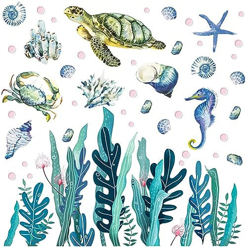 Wandtattoo Unter dem Meer Meeresschildkröte Seetang Wandaufkleber Fische Korallen Bordüre Wandsticker Kinderzimmer Babyzimmer Badezimmer Wanddeko